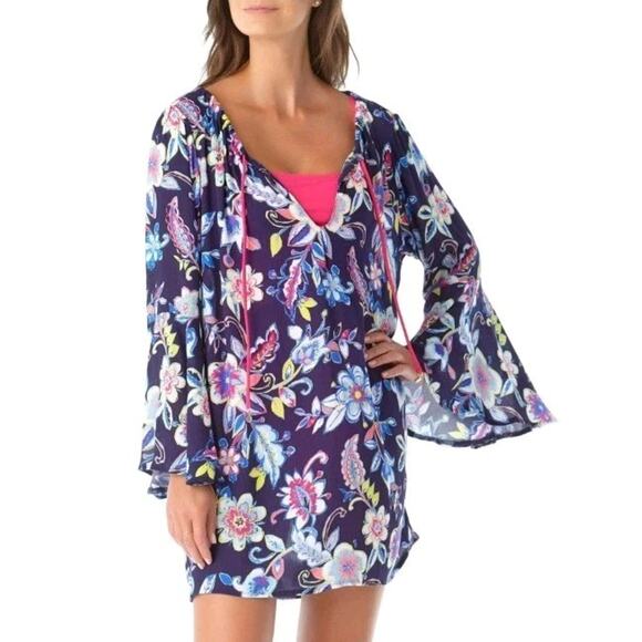 Anne Cole Tie Neck Bell Sleeve Shift Dress Navy Floral XS Tunic EUC - Picture 1 of 8